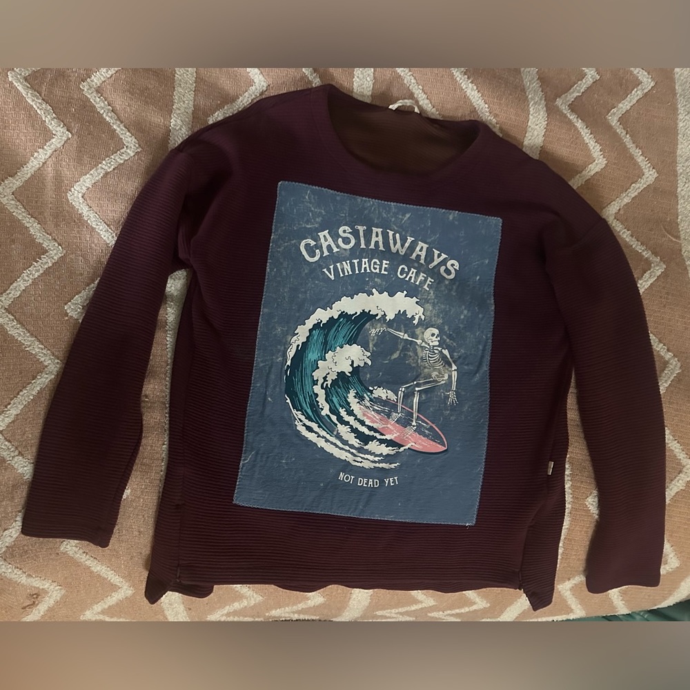 Maroon Vintage Sweater with surfing skeleton design, size XL